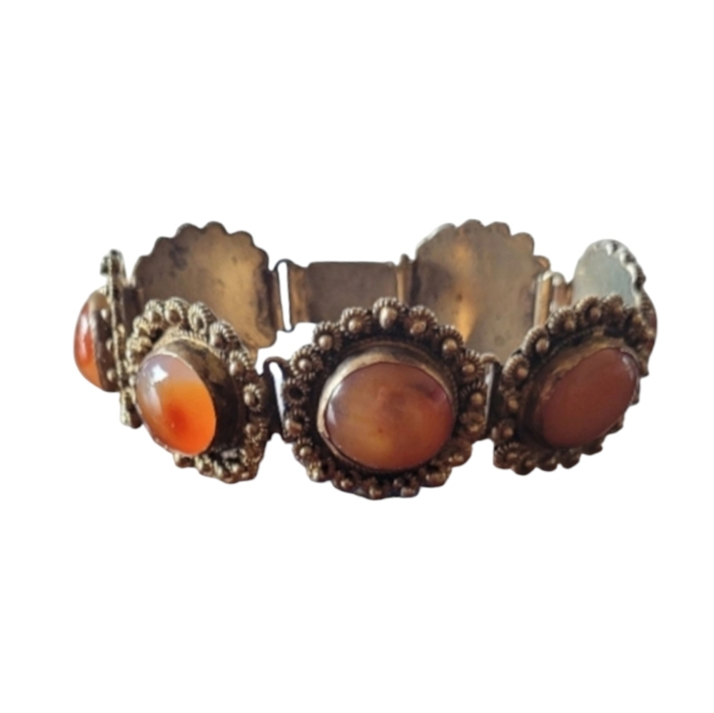 Sterling Silver Antique Vintage Amber Colored Jewel and Metal Clasp Bracelet